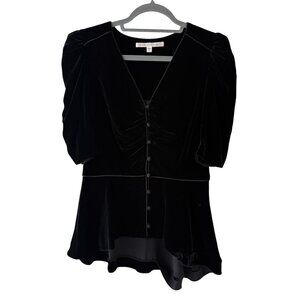 Veronica Beard 4 Hayden Top Black Velvet Silk Button Front Puff Ruched Sleeve